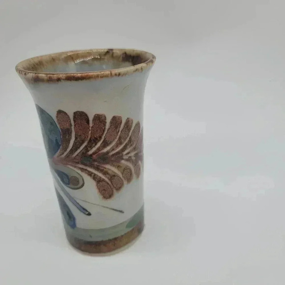 Ken Edwards Tonala Pottery Blue Bird Butterfly Calla Vase Signed - Picture 5 of 8